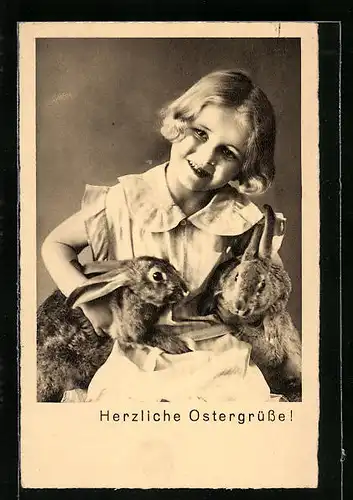 AK Mädchen mit zwei Osterhasen