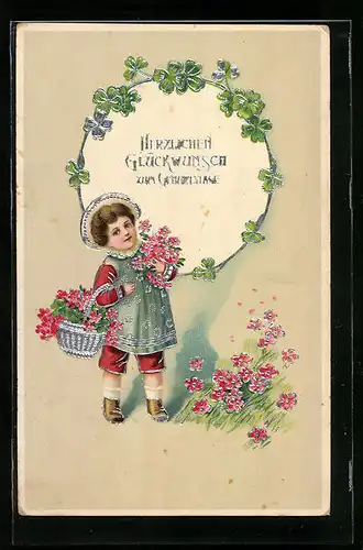 AK Junge mit Blüten zum Geburtstag