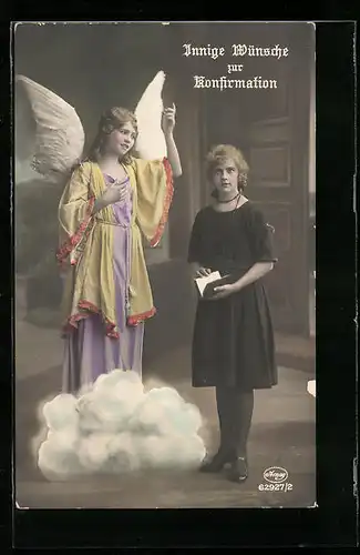 AK Junge Dame mit Schutzengel zur Konfirmation