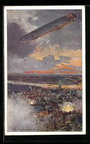 Künstler-AK Themistokles von Eckenbrecher: Zeppelin über der Stadt Antwerpen im Krieg