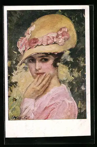 Künstler-AK Ernst Heilemann: Dame mit Hut im Grünen