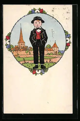 Künstler-AK Hansi: Junge in Dorflandschaft