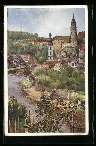 Künstler-AK E.F. Hofecker: Krumau, Panoramablick auf die Stadt