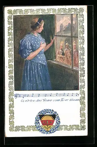 Künstler-AK Karl Friedrich Gsur: Deutscher Schulverein Nr.:370, Frau schaut aus dem Fenster auf reitende Kürassiere