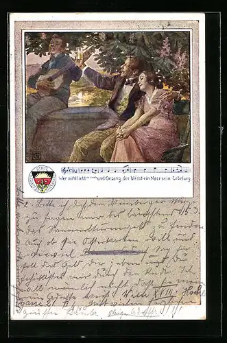 Künstler-AK Karl Friedrich Gsur: Deutscher Schulverein Nr.:63, Liebespaar auf einer Bank mit Gitarrenspieler