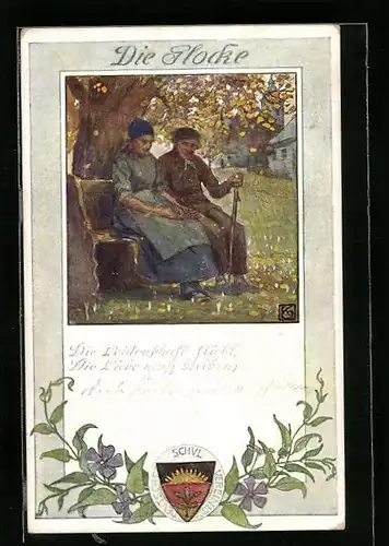 Künstler-AK Karl Friedrich Gsur: Deutscher Schulverein Nr.:195, Die Glocke, älteres Paar auf einer Bank