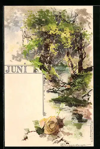 Künstler-AK Theodor Guggenberger: Juni, Landschaftlicher Bachlauf