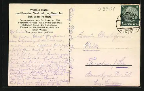 AK Elend bei Schierke /Harz, Wittes Hotel-Pension Waldmühle