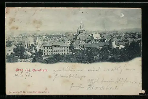 Mondschein-AK Osnabrück, Ortsansicht aus der Vogelschau