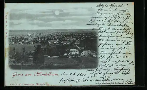 Mondschein-AK Mindelheim, Gesamtansicht aus der Vogelschau