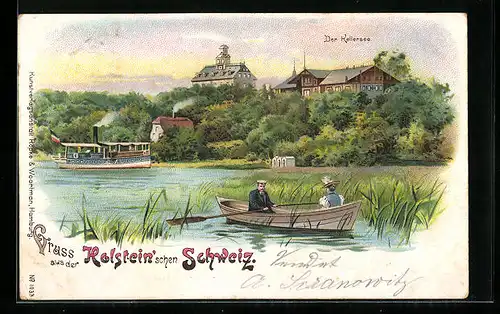 Lithographie Holsteinische Schweiz, Bootspartie mit Kellersee und Gebäuden