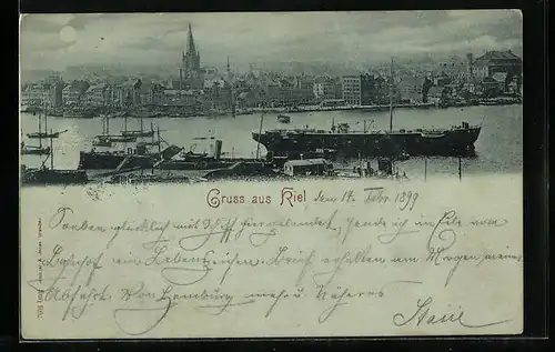 Mondschein-AK Kiel, Stadtpanorama mit Hafen