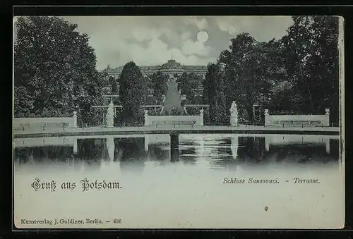 Mondschein-AK Potsdam, Schloss Sanssouci, Terrassse