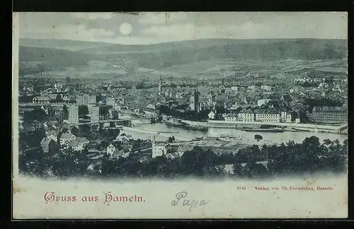 Mondschein-AK Hameln, Ortsansicht mit Blick ins Land aus der Vogelschau