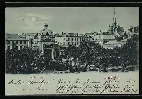 Mondschein-AK Wiesbaden, Partie am Kochbrunnen