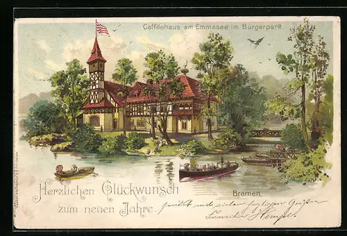 Lithographie Bremen, Caffeehaus am Emmasee im Bürgerpark, Neujahrsgruss