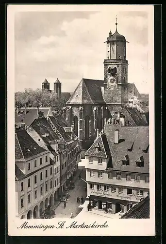 AK Memmingen, Martinskirche mit Geschäft Geschwister Keppeler