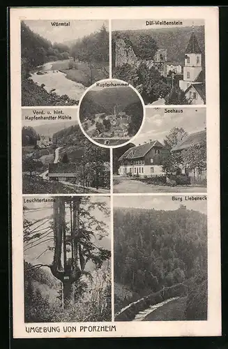 AK Pforzheim, Ruine Dill-Weissenstein, Seehaus, Karpfenhardter Mühle, Kupferhammer