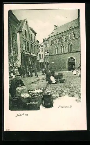 AK Aachen, Händlerinnen auf dem Fischmarkt vor der Schankwirtschaft