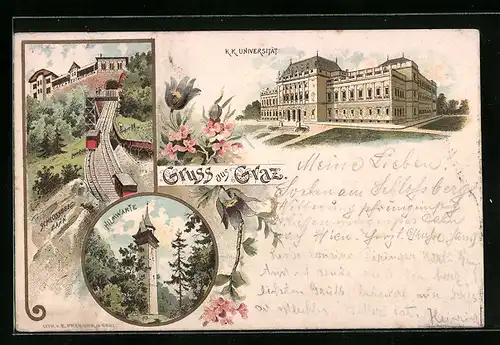 Lithographie Graz, K. K. Universität, Hilmwarte, Schlossbergbahn