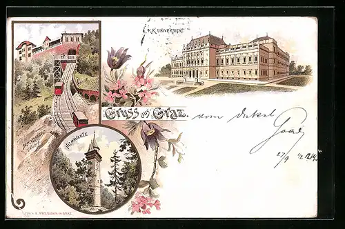 Lithographie Graz, K. K. Universität, Hilmwarte, Schlossbergbahn
