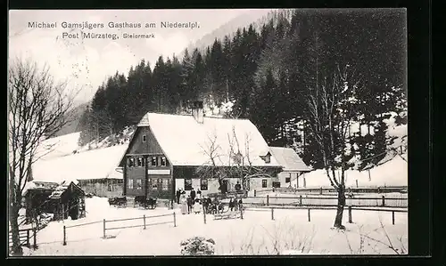 AK Mürzsteg, Michael Gamsjägers Gasthaus am Niederalpl im Schnee