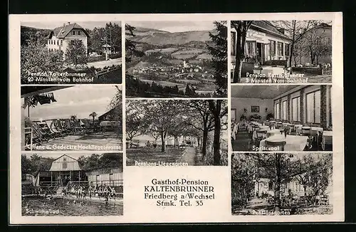 AK Friedberg a. Wechsel, Gasthof-Pension Kaltenbrunner, Innenansicht Speisesaal, Offene und gedeckte Hochliegeterrasse