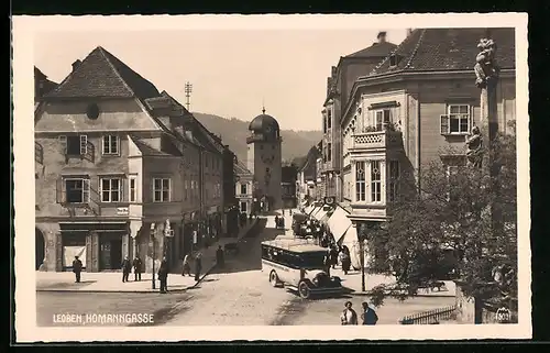 AK Leoben, Strasse Homanngasse mit Geschäften