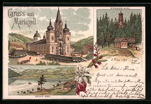 Lithographie Mariazell, Kirche, Bürger-Alpl, Erlaf-See