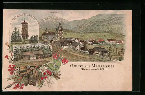 Lithographie Mariazell, Schutzhaus u. d. Bürgeralpl, Erzherzog Franz Karls-Höhe, Ortspartie mit Kirche