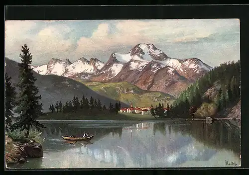 Künstler-AK Silvaplana, Seepartie mit Ortsansicht vor Piz della Margna