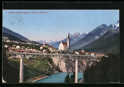 AK Schuls, Ortsansicht mit Viadukt