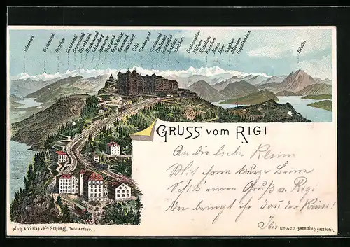 Lithographie Rigi, Ortsansicht aus der Vogelschau mit Bergpanorama