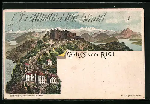Lithographie Rigi, Hotel und Bergpanorama mit Eiger, Mönch und Jungfrau