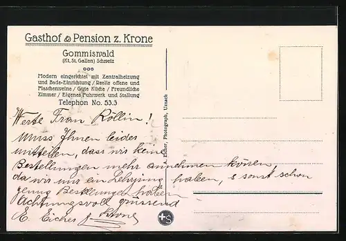 Künstler-AK Gommiswald, Gasthof & Pension z. Krone