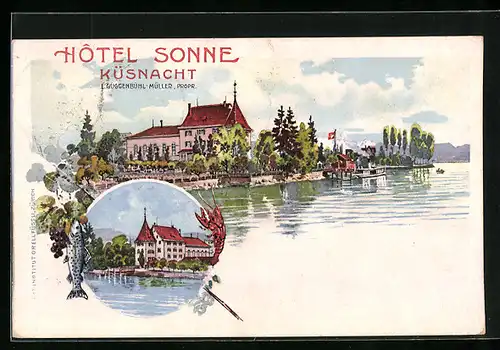 Künstler-AK Küsnacht, Hotel Sonne, Uferpartie