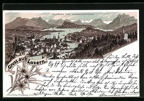 Lithographie Luzern, Panorama vom Vierwaldstättersee