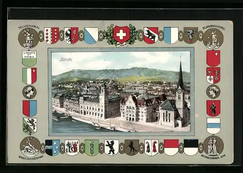 AK Zürich, Ortsansicht aus der Vogelschau mit Wappen