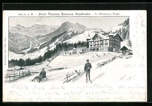 Künstler-AK Adelboden, Hotel Pension Bellevue, Männer auf Ski und Schlitten