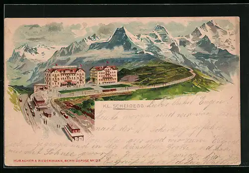 Lithographie Kleine Scheidegg, Panoramablick auf Hotels und Gebirgswand