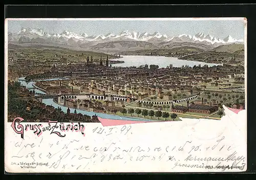 Lithographie Zürich, Totalansicht aus der Vogelschau
