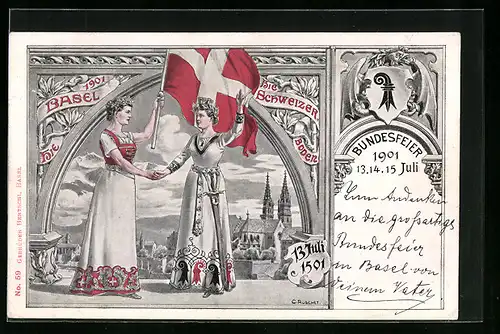Künstler-AK Basel, Bundesfeier 1901, Ortspartie mit Kirche und zwei Frauen mit Schweizer Flagge