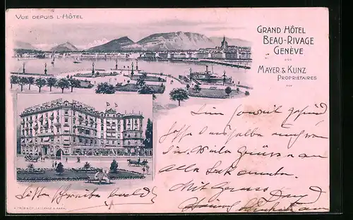 Lithographie Genève, Grand Hotel Beau-Rivage, Vue Deouis l`Hotel