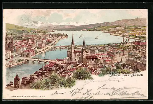 Lithographie Zürich, Ortsansicht aus der Vogelschau