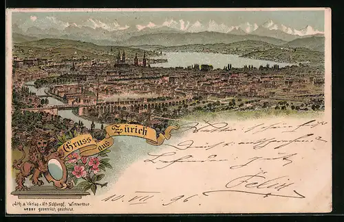 Lithographie Zürich, Ortsansicht aus der Vogelschau