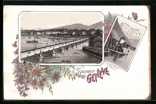 Lithographie Genève, Schloss Chillon am Genfersee