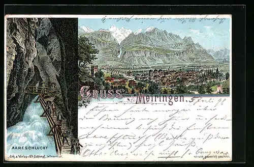 Lithographie Meiringen, Aareschlucht, Ortsansicht mit Bergen