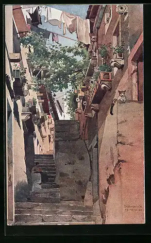 Künstler-AK Dubrovnik, Enge Gasse mit Treppenpartie