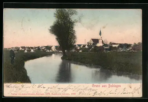 AK Bobingen, Uferpartie mit Kirche
