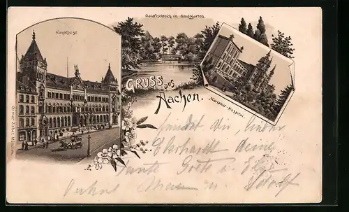 Lithographie Aachen, Goldfischteich und Hauptpost